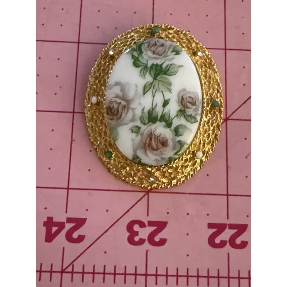 Vintage Alice Caviness Porcelain Rose Floral Rhinestone Gold Tone Brooch Signed